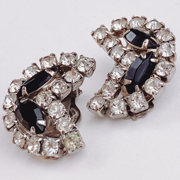 VTG Mid Century Clip On Earrings Rhinestone Crescent Silver Tone 1950s 1960s - Picture 11 of 12